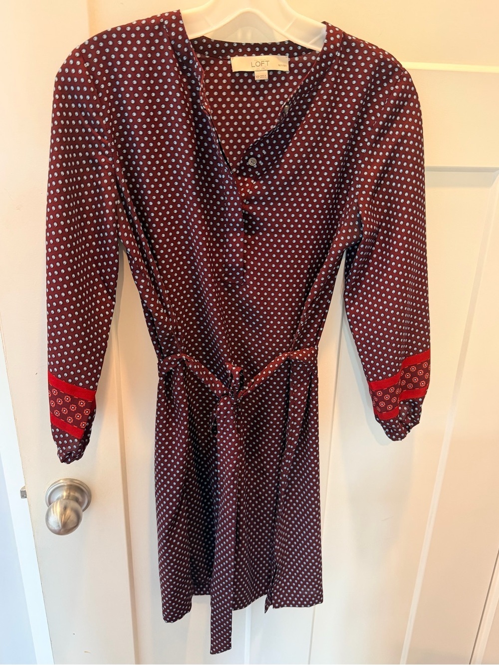 LOFT Petite Burgundy Print Tie Waist Shirt Dress XSP Long Sleeve